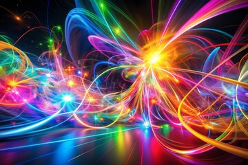 Vibrant abstract swirling shapes and lines in neon hues converge and explode in a mesmerizing dance of energy, conveying a sense of dynamic movement and power.