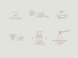 Coffee linear labels with lettering cup, glass, french press, maker, filter, drip, turk, pot drawn with flat brown lines on grey background
