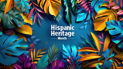 Vibrant tropical foliage surrounding "Hispanic Heritage Month" text on a gradient blue background. Concepts of celebration, cultural pride, and heritage appreciation.
