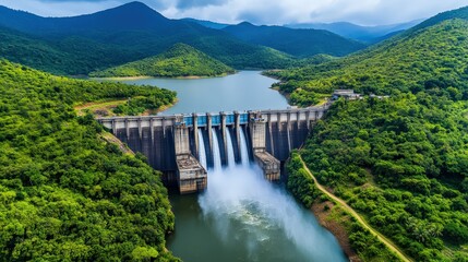 A large dam with a waterfall on it. The water is flowing down the dam and the surrounding area is lush and green