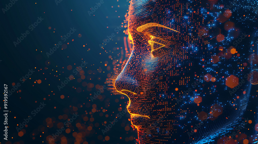 Poster Artificial intelligence is emerging from glowing particles forming a human face