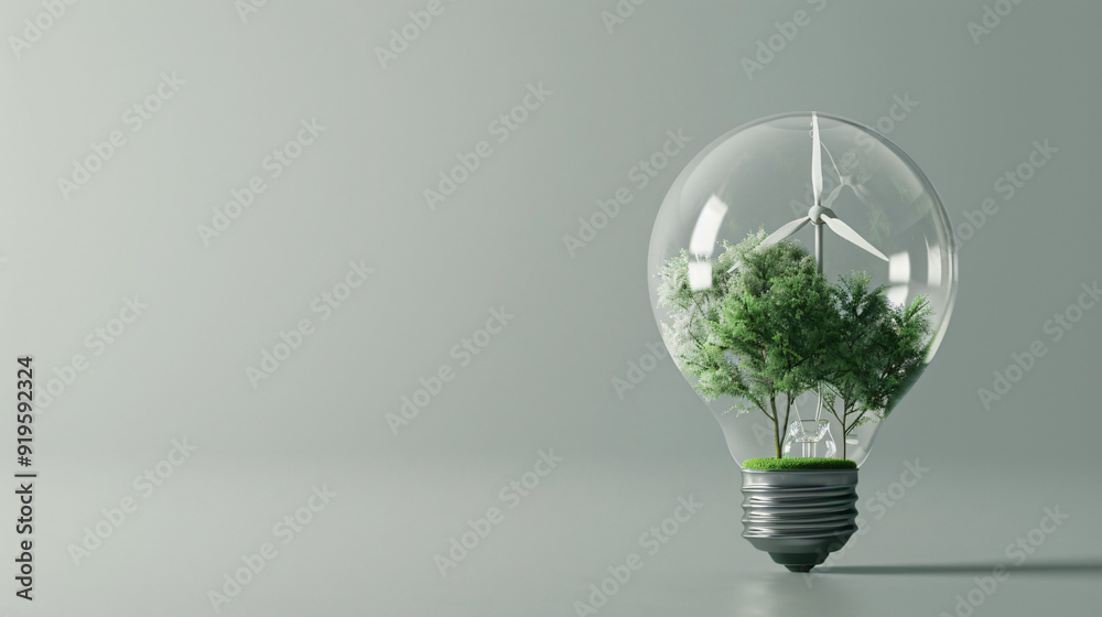 Poster miniature wind turbine and trees inside a light bulb are producing renewable energy