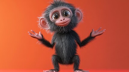 Fototapeta premium Cute cartoon monkey with big eyes and a friendly smile, standing against an orange background.