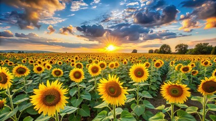 Fototapeta premium Panoramic view of beautiful sunflower field during summertime, sunflowers, field, panoramic, view, summertime, blooming