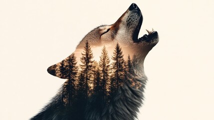 A wolf is blowing its nose and has its mouth open. The wolf is surrounded by trees and the sky