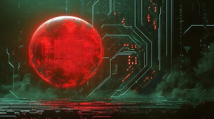 A Glowing Red Sphere Behind a Futuristic Circuit Board
