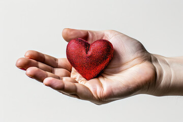 Fototapeta premium Close-up of a hand holding a textured red heart against a neutral background, symbolizing love and care.