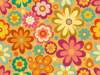Groovy flower background. Retro hippy 70s seamless pattern. Simple funky 60s floral summer print, color pop vintage spring daisy repeat texture. Pretty flowers vector illustration
