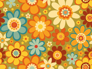 Groovy flower background. Retro hippy 70s seamless pattern. Simple funky 60s floral summer print, color pop vintage spring daisy repeat texture. Pretty flowers vector illustration
