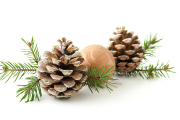 Fototapeta premium Natural pine cones and green fir branches on a white background, perfect for festive winter decorations