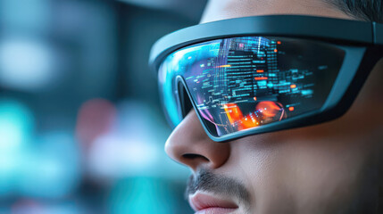 Close-up of a man wearing futuristic glasses displaying digital data, symbolizing technology and innovation in modern society.