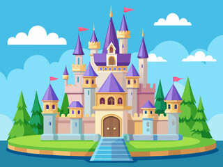 Fairy tale castles. Cartoon magic kingdom palace. Royal house. Fabulous medieval high building with tower and citadels. Fairy princess castle for story. Vector collection
