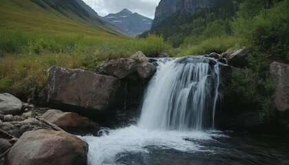 Obraz premium A waterfall with a waterfall in the background and a mountain in the background 48