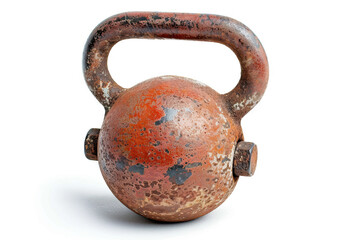 Distinctive aged kettlebell covered in orange rust, isolated on a white background, showcasing the passage of time and usage.