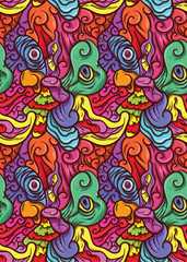 colorful fantasy creatures of abstract psychedelic bright color repeatable seamless pattern vector illustration