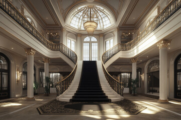 A grand historic mansion with a large sweeping stair