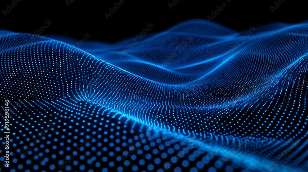 Poster a futuristic hi-tech illustration with moving glowing particles. concept of data transfer in cybersp