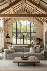 Modern Farmhouse Living Room with Exposed Beams and Large Window.
