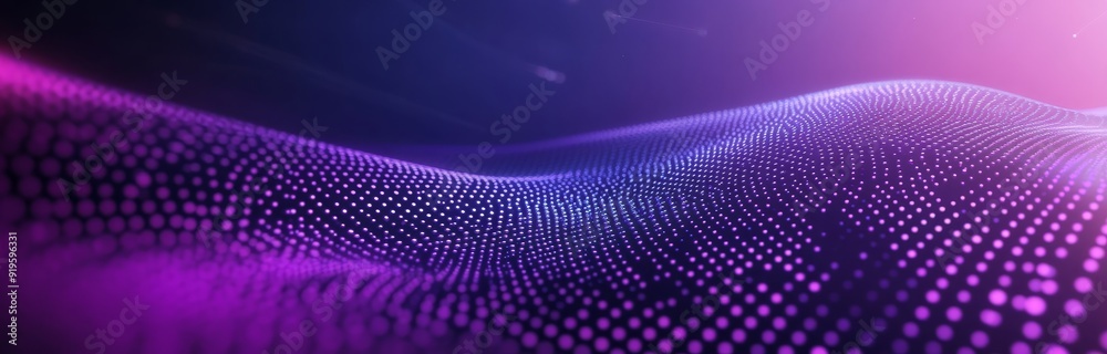 Poster the particle stream is on a purple background with several glowing particles. it is a technological 