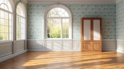 Fototapeta premium Three-dimensional rendering of a modern empty room with gray slats and a built-in wooden cabinet.