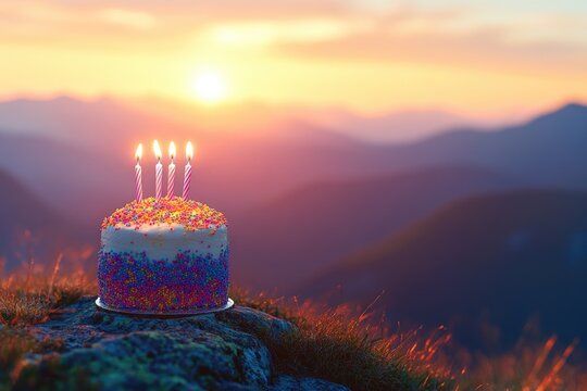 Celebrating a special occasion with a decorated cake at sunset in the mountains