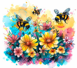 Bees with flowers and butterflies illustration