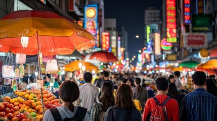 A bustling street market in Bangkok at night, with vibrant neon signs and a crowd of people shopping