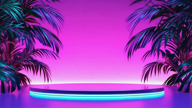 Vibrant tropical scene podium presentation with pink background, palm trees, and neon arches. Perfect for summer event promotions and exotic themes.