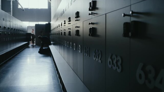Contemporary gym locker room with numbered lockers and people preparing in the background. Clean and minimal environment ideal for fitness and health concepts. Lockers with Numbers