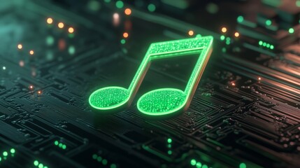 Music icon made of green neon light. Vibrant colors and high tech floor on a black background. 3D render.