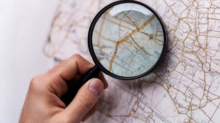 A close-up of a hand holding a magnifying glass, examining an old map