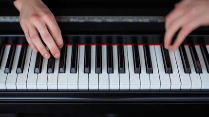 Fototapeta premium A close-up of a musician s fingers on the keys of a grand piano