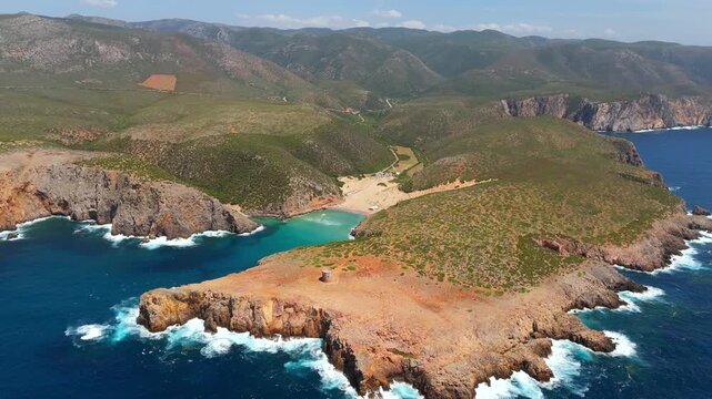 Aerial view on Cala Domestica Beach and landscape around. Sardinia, Italy