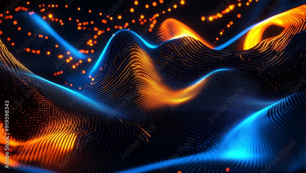 Poster using stock data to create a background of wires and glowing particles.