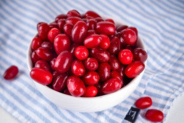 Cornelian cherry, dogwoods edible berry in white bowl