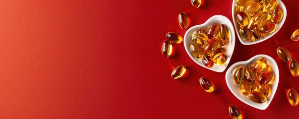 Fototapeta premium Three white heart shaped bowls filled with golden capsules on a red background. Space for text.