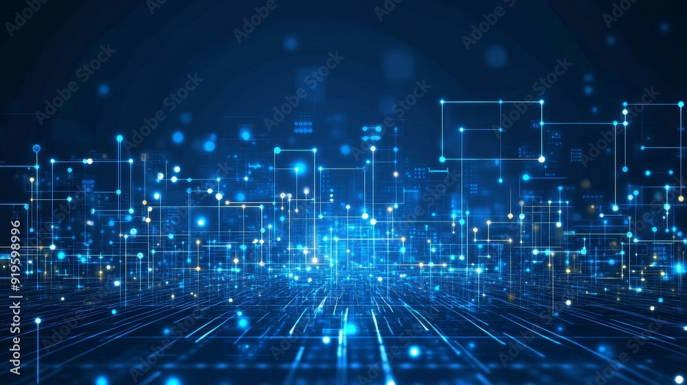 Poster the digital technology background consists of a square blue pattern pixel background made up of digi
