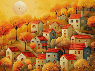 A painting of a small town with houses and trees in the background. The houses are all different sizes and colors, and there is a large moon in the sky. The mood of the painting is peaceful and serene