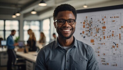 Obraz premium Smile, glasses and portrait of architect in office with information on pinboard at startup. Happy, pride and professional black man with career in architecture working on industrial design project