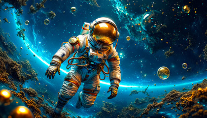 Fototapeta premium astronaut floats in the abyss of space, surrounded by a cosmic ocean of galaxies and nebulae forming unique constellations