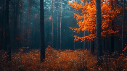 A Single Branch of Orange Leaves in a Dark Forest