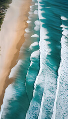 A stunning bird’s eye view of a summer sea landscape, capturing waves crashing on a sandy beach with a vibrant, natural ocean background.