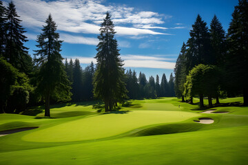 Spectacular Panorama of a Pristine Golf Course under the Azure Sky: A Perfect Day for a Game