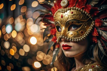 The Venetian Carnival. Close-up of a woman in an ornate carnival mask. Bright colors convey an atmosphere of celebration and luxury.