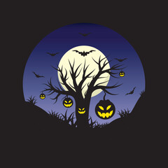 Fototapeta premium Night illustration with trees, Halloween, bats, pumpkins on circle background.