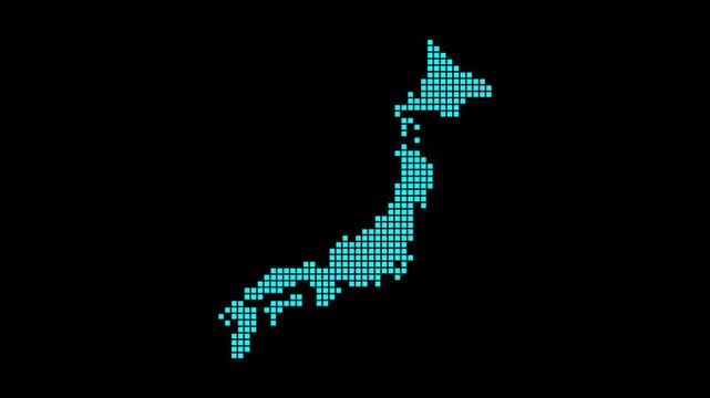 Japan digital map. Map of Japan in dotted style. Shape of the country filled with rectangles. Trendy video.