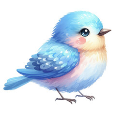 Obraz premium Cute baby bird with blue and pink feathers, hand drawn watercolor style, isolated illustration, for children's illustration design, clip art.
