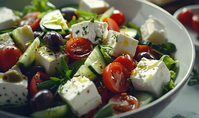 Mediterranean salad with feta cheese, olives, cucumbers, and cherry tomatoes