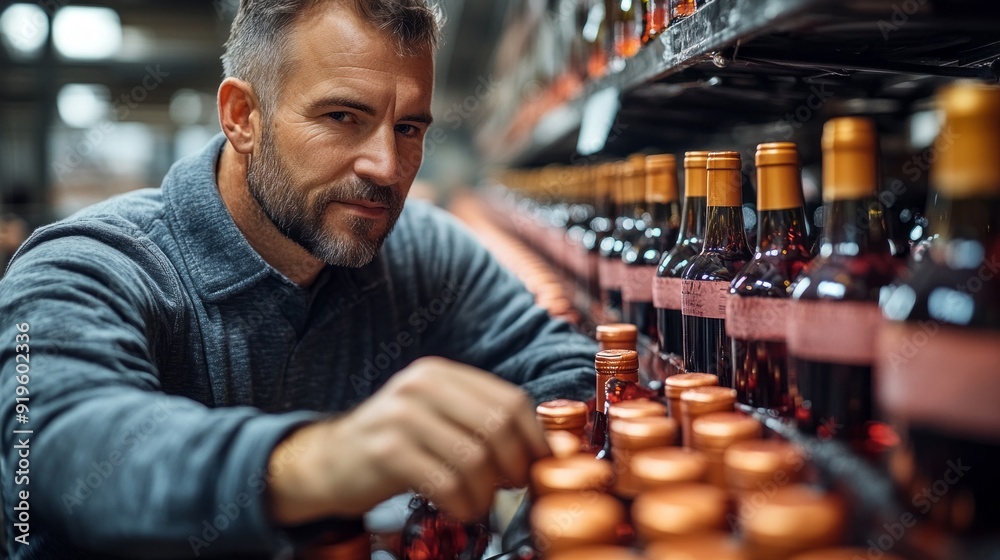 Poster a man is looking at a shelf full of wine bottles