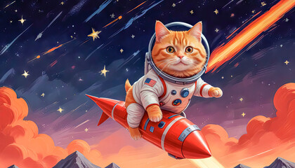 Lonely brave cat flies on a rocket into space, space cat